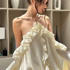 Elegant Off Shoulder Lotus Leaf Edge Flared Sleeve Backless Mini Dress