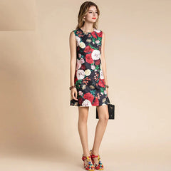 Vintage Rose Flowers Print Beading Mini Dress