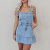 Square Neck Half Button Street Pockets Sleeveless Ruffle Hem Short Denim Dress