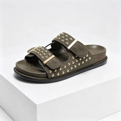 Luxury Metal Rivet Designer Flat Sandals Double Buckle Platform Slippers Outdoor Beach Shoes