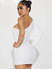 Elegant Sequin One Shoulder Long Sleeve Slim Birthday Party Mini Dress