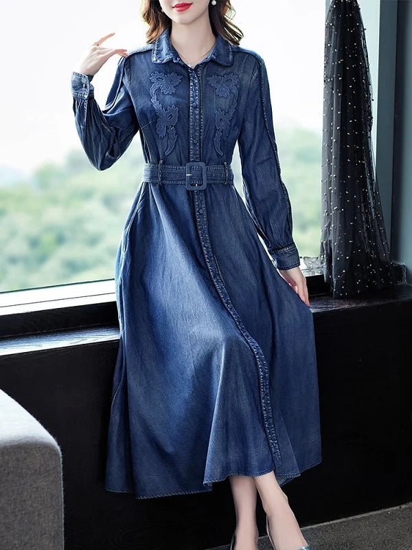 Long Full Sleeve Embroidery Dress With Belt