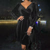 Elegant Velvet Solid V-neck Spliced Long-sleeved A-line Dress
