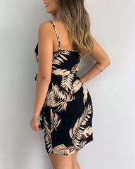 Vintage Tropical Print V-Neck Wrap Casual Sleeveless Holiday Mini Dress