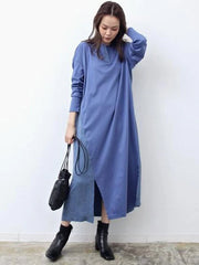 Maxi Dress Jewel Neck Casual Oversized Pleated Long Dress