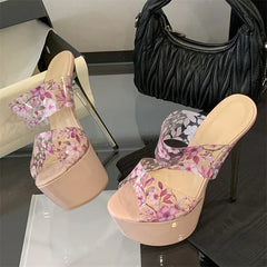 PVC Transparent Platform Open Toe Slippers Flower Stiletto High Heel