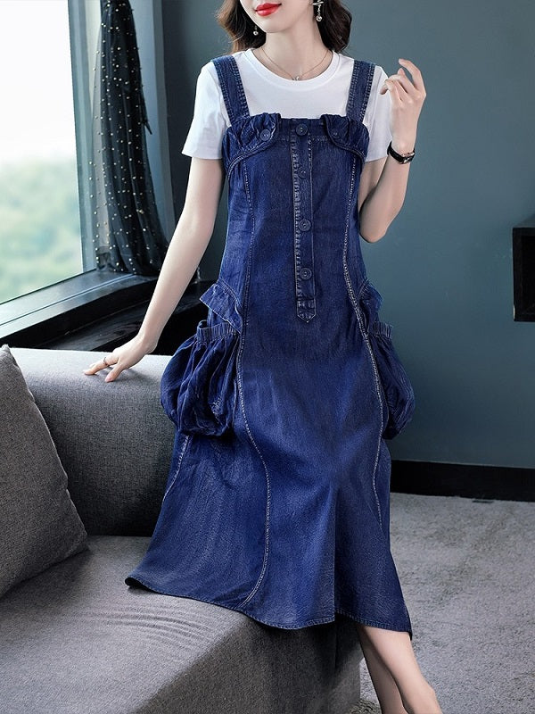 Denim Dress Pockets Loose Long Mid-Calf