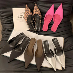 Luxury Pointed Toe Mules Slipper Candy Color Ladies Elegant Dress Sandal Square Low Heel
