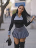 Cute Preppy Style Polo Neck Button Stripe Print Patchwork Shirt and Mini Pleated Skirt Two Piece Set