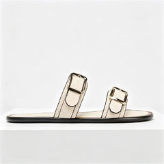 Comfortable Beige Soft Leather Flat Sandals Metal Buckle Designer Shoes