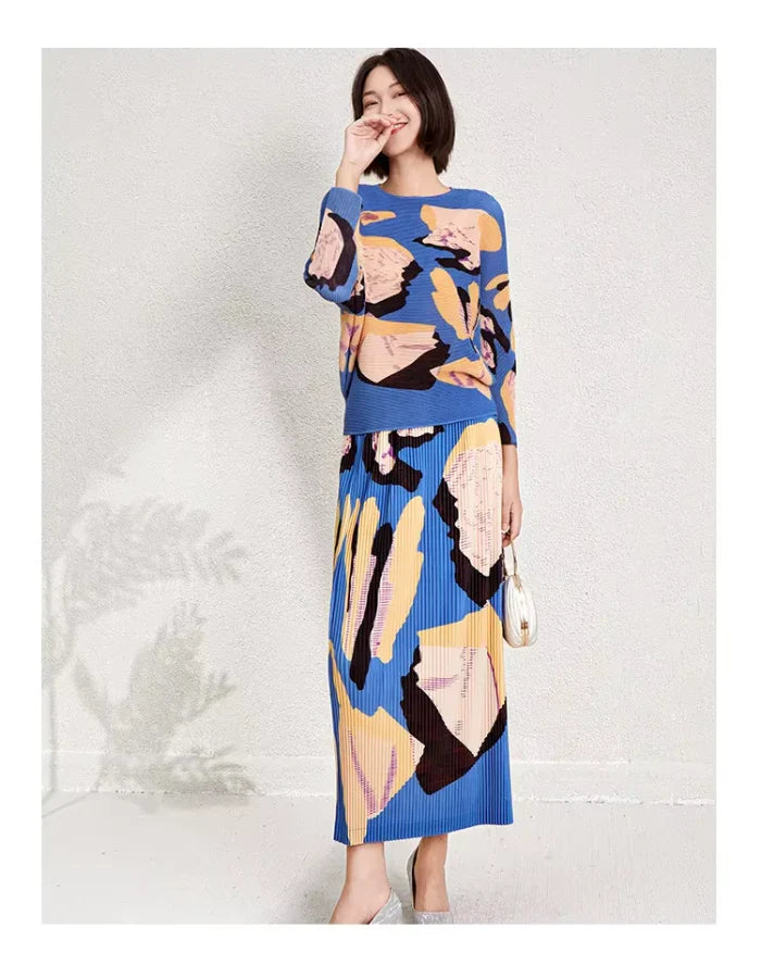Printed Edition Round Neck Bat Sleeve Slim Slit Half Skirt Two-piece Set