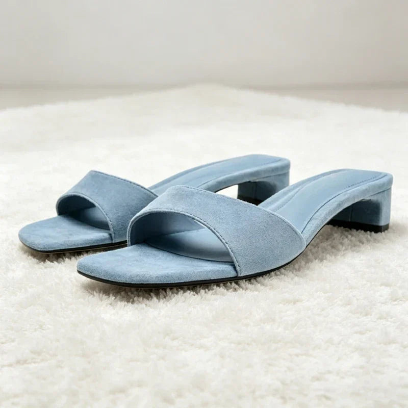 High-quality Blue Faux Suede Mule Sandals for Concise Square-toe Front-strap Slide Sandals Open-toe Designer Shoes