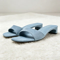 High-quality Blue Faux Suede Mule Sandals for Concise Square-toe Front-strap Slide Sandals Open-toe Designer Shoes