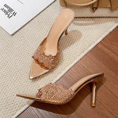 Design Hollow Out Flower Pointed Toe Slippers Thin High Heel