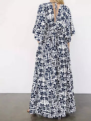 Casual Half-Sleeve Side Slit Floral Printed V-Neck Maxi Dress