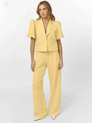 Casual Lapel Short Sleeve Single Button Shirts High Waist Straight Pants Sets