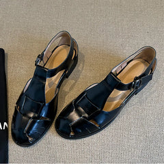 Roman-Style Gladiator Sandals Comfort Square-Heel Metal Buckle Straps Flats Sandals Openwork Woven Design Shoes