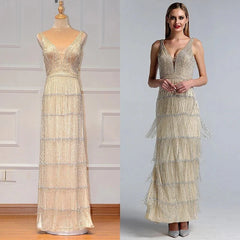 Deep-V Sequined Beading Tassel Luxury Formal Dress