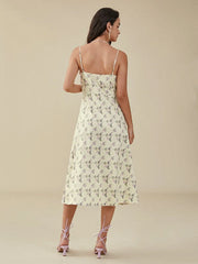 Floral Print Slit Backless Strap Midi Dress