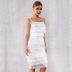 Elegant Spaghetti Strap Natural Waist Tassel Club Party Dress