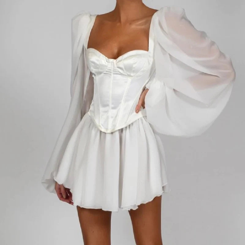 Square Collor Lantern Sleeve Party Club Mini Dress