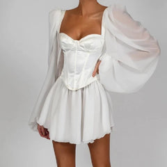 Square Collor Lantern Sleeve Party Club Mini Dress