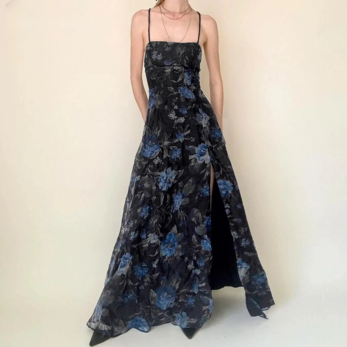 Vintage Floral Printed Split Elegant Backless Bandage Beach Long Dress Boho Vacation Dress