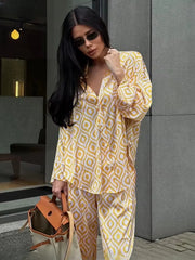 Elegant Long Sleeve Blouse With High Waist Pants Loose Print TwoPiece Sets