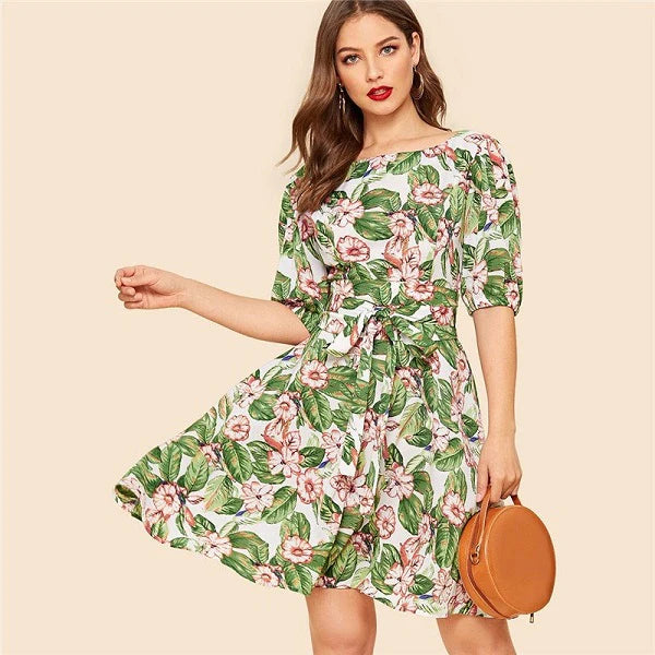 Casual Floral Print Puff Sleeve A Line Belted Mini Dress