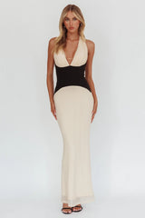 Milos Contrast Halter Maxi Dress Cream