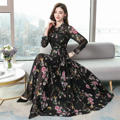 Bohemian Stand Collar Flower Printed Chiffon Long Dress