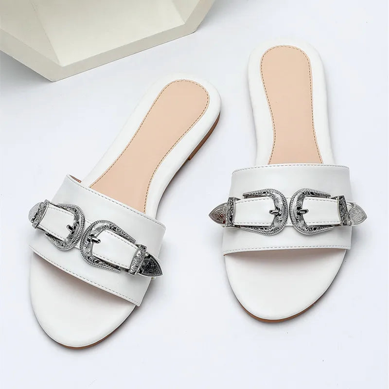 Metal Belt Buckle Decoration Slippers Lightweight Non-slip Slide Sandals Comfortable Peep Toe Beach Flat Sandals