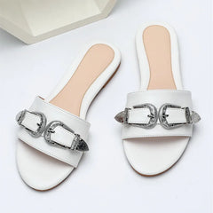 Metal Belt Buckle Decoration Slippers Lightweight Non-slip Slide Sandals Comfortable Peep Toe Beach Flat Sandals