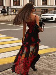 Flower Print Irregular Ruffles Tassel Hem Low-Neck Folds Skinny Street Midnight Party Dress