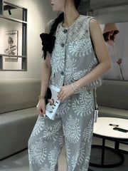 Casual Printing O Neck Sleeveless Top High Waist Loose Pant Two Piece Set