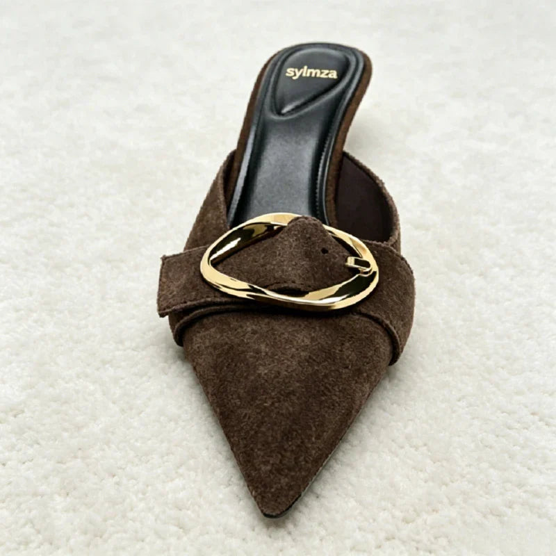 Brown Faux Suede Mule Sandals Luxury Metal Buckle Embellished Stiletto Slide Sandals Retro Party Dress Shoes