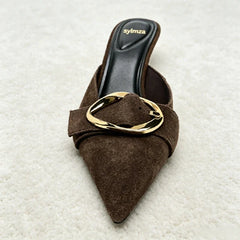 Brown Faux Suede Mule Sandals Luxury Metal Buckle Embellished Stiletto Slide Sandals Retro Party Dress Shoes