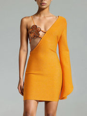 Sequins Flower One Shoulder Long Sleeve Backless Cocktail Bodycon Bandage Mini Dresses