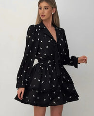 Casual Lapel Long Sleeve Mini Dresses Elegant Classic Lace-Up Pleated Dress