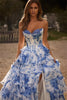Elegant Strapless Floral Print Tiered Ruffle Prom Side Floor-Length High Split Maxi Dress