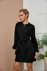 Round Neck Long Sleeve Solid Color Bandage Dress