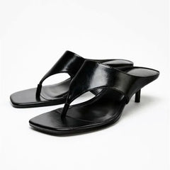 Black Soft Leather Flip-flops Square Toe Thin High Heel