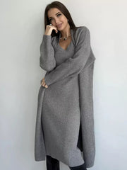 Elegant Jewel Neck Long Sleeves Outerwear 2pieces Set Knitted Dress