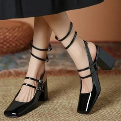 Luxury Designer Sandals Ankle Strap Buckle Square Toe Chunky High Heel