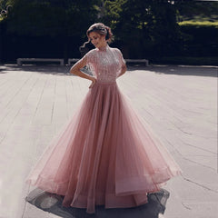 Luxury Beaded A-Line Evening Gown Tassels Short Sleeves High Neck Formal Party Dress