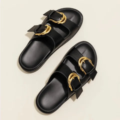 Black Soft Leather PU Flat Sandals Metal Buckle Slide Slippers Light Non-Slip Beach Shoe Sandalias De Mujer