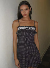 Patchwork Print Polka Dot Lace Spaghetti Strap Slim Lace Up Mini Dress