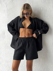 Casual Cotton Solid Color Long Sleeve Shirt Wide leg Jeans Suits