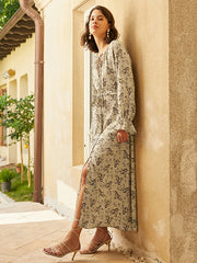 Retro Paisley Print Tie Long Sleeve Slit Maxi Dress With Belt