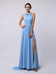 Floor-Length High-split Halter A-Line Draped Chiffon Bridesmaid Dress
